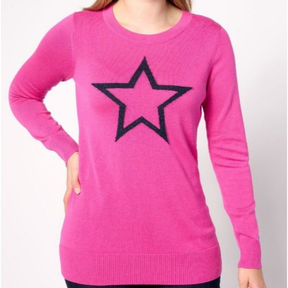 Belle Kim Gravel Cotton Blend Magenta Star Crew Neck Sweater Plus Size 3X